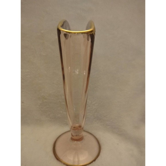 Vintage Fan Shaped Pink Ridge Glass Vase With Gold Trim 9" - Picture 4 of 9